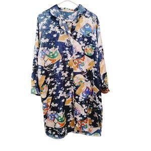 Golden Dragon Blue Chinese 100% Silk Robe Vintage Sz L Button Up